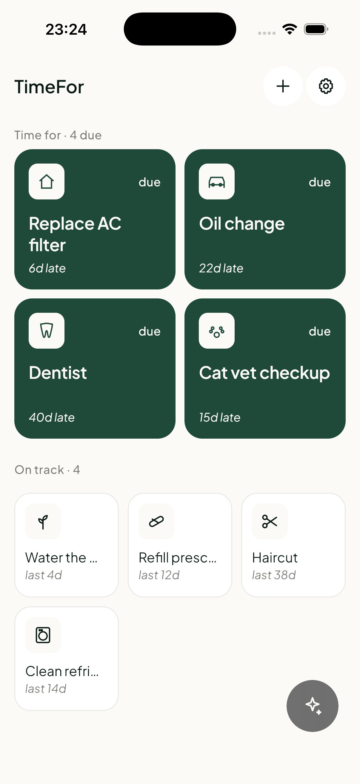 TimeFor home screen — grid of events with days since last action